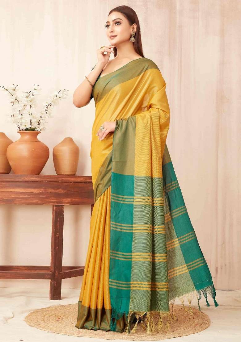 Yellow Plain Silk Blend Saree Set for Diwali and Festive Wear - Indya