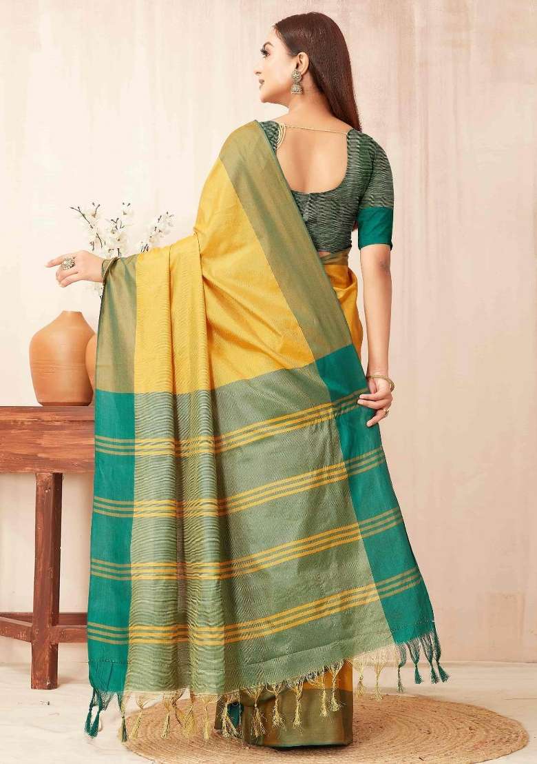 Yellow Plain Silk Blend Saree Set for Diwali and Festive Wear - Indya