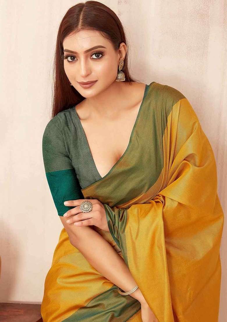 Yellow Plain Silk Blend Saree Set for Diwali and Festive Wear - Indya