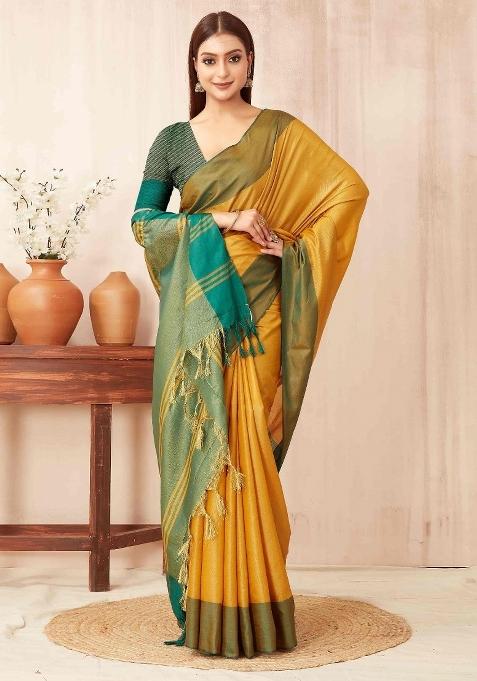 Yellow Plain Silk Saree Set — view on Indya