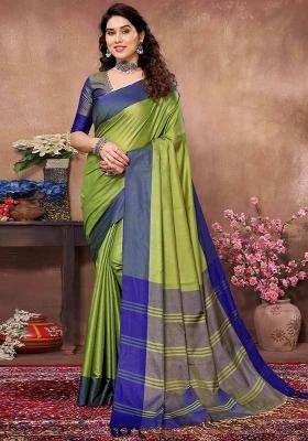 Green Plain Silk Blend Saree Set