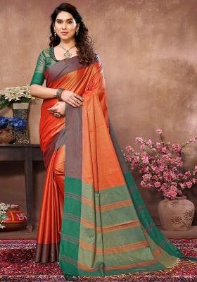 Orange Plain Silk Blend Saree Set