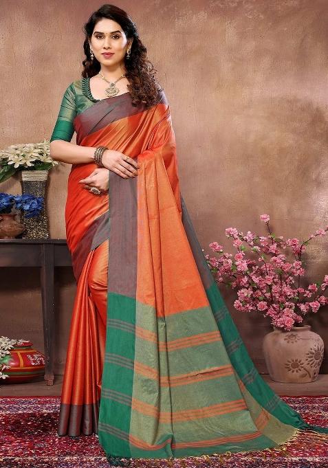 Orange Plain Silk Saree Set — view on Indya
