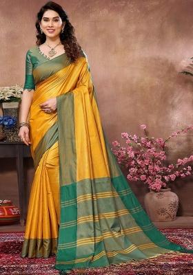 Yellow Plain Silk Blend Saree Set