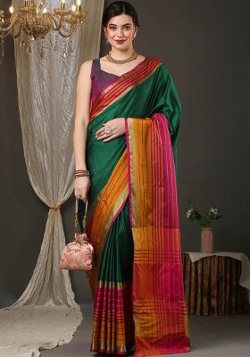 Green Plain Silk Blend Saree Set