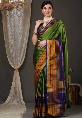 Light Green Plain Silk Blend Saree Set