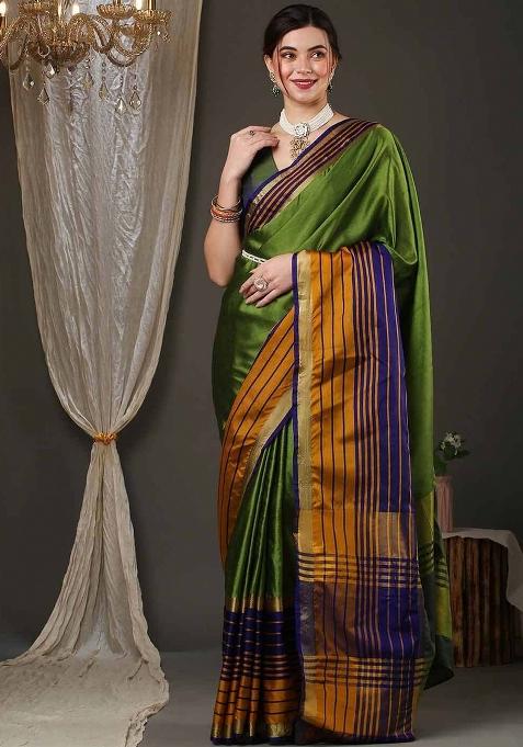 Light Green Plain Silk Saree Set — view on Indya