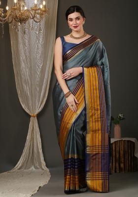 Grey Plain Silk Blend Saree Set