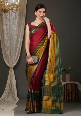 Maroon Plain Silk Blend Saree Set