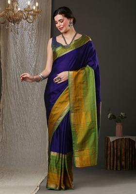 Blue Plain Silk Blend Saree Set
