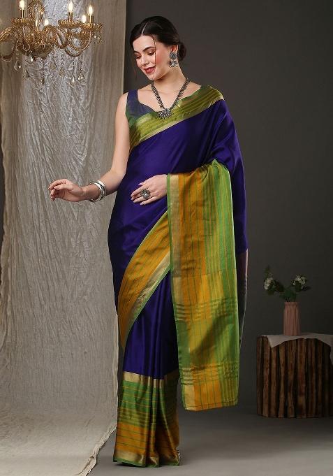 Blue Plain Silk Blend Saree Set