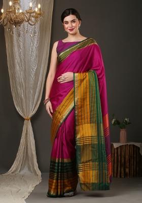 Pink Plain Silk Blend Saree Set