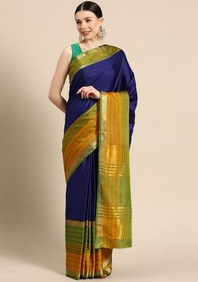 Blue Plain Silk Blend Saree Set