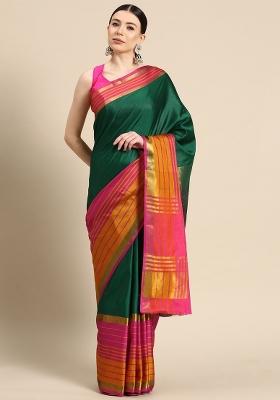 Green Plain Silk Blend Saree Set