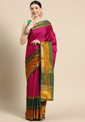 Pink Plain Silk Blend Saree Set