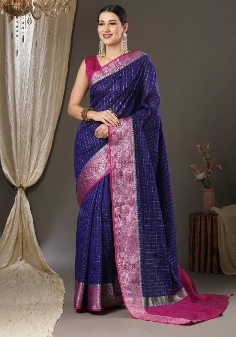 Blue Chex Silk Saree Set