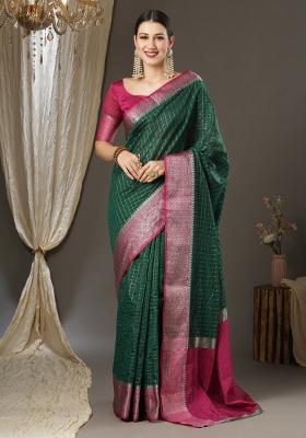 Dark Green Chex Silk Blend Saree Set