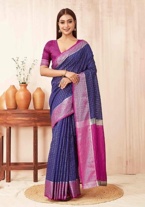 Blue Chex Silk Blend Saree Set