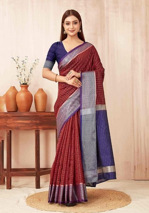 Maroon Chex Silk Blend Saree Set