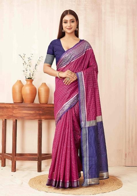 Yellow Chex Silk Saree Set