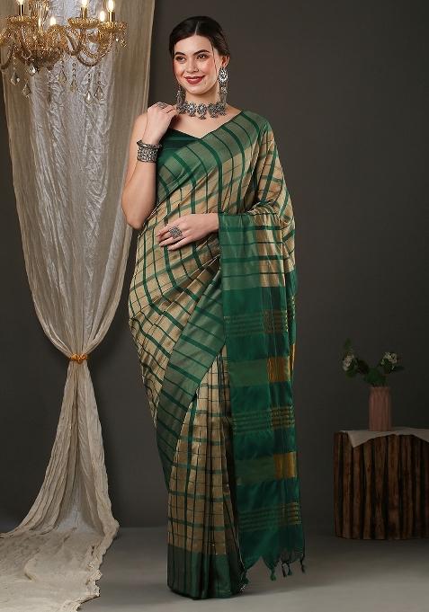 Cream And Green Chex Silk Saree Set