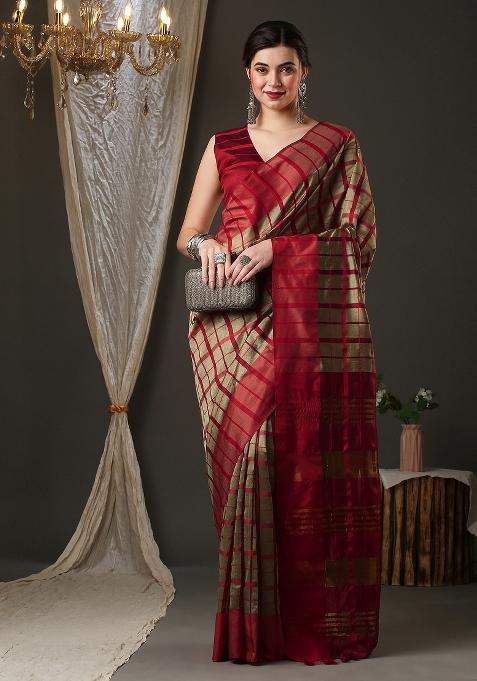 Cream And Red Chex Silk Blend Saree Set