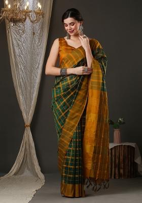 Yellow And Green Chex Silk Saree Set