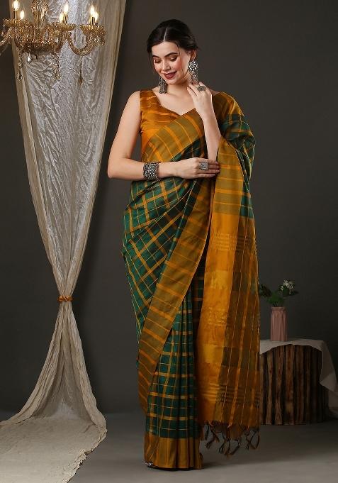 Yellow And Green Chex Silk Saree Set