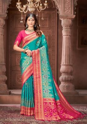 Sky Blue Border Work Silk Blend Saree Set