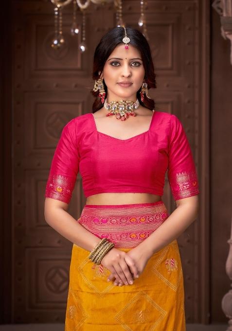 Yellow Border Work Silk Saree Set