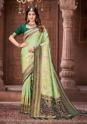 Pista Border Work Silk Blend Saree Set