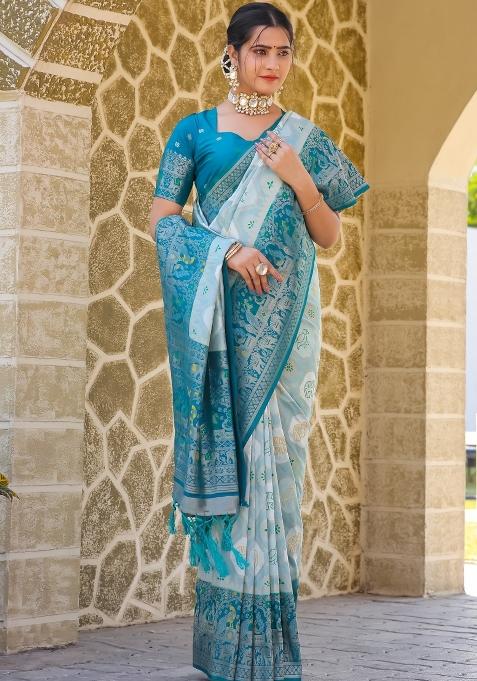 Blue Border Work Silk Saree Set