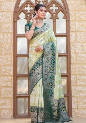 Green Border Work Silk Blend Saree Set