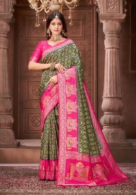 Green Border Work Silk Blend Saree Set