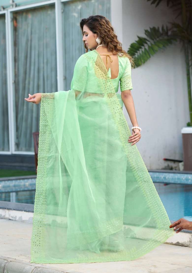 Green Sequin Work Organza Saree Set for Diwali and Festive Wear - Indya