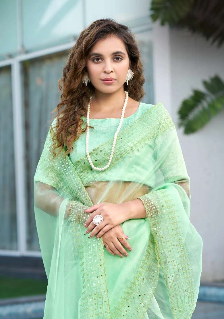 Green Sequin Work Organza Saree Set for Diwali and Festive Wear - Indya