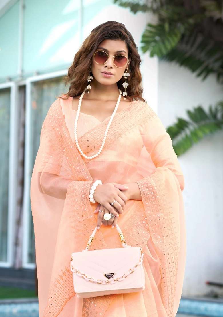 Peach Work Organza Saree Set with Sequin for Diwali | Wedding & Festive Wear - Indya