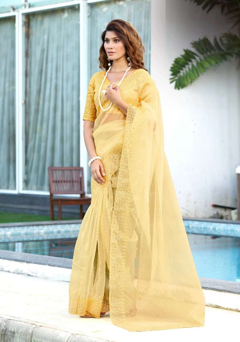Yellow Sequin Work Organza Saree Set for Diwali and Festive Wear - Indya
