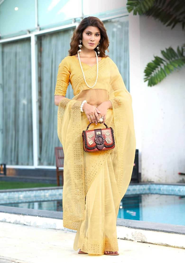 Yellow Sequin Work Organza Saree Set for Diwali and Festive Wear - Indya