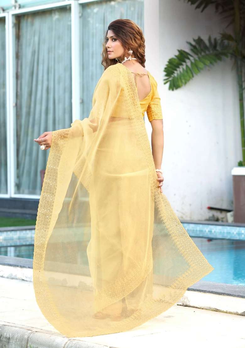 Yellow Sequin Work Organza Saree Set for Diwali and Festive Wear - Indya