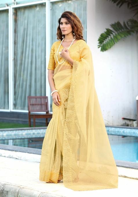 Yellow Sequin Work Organza Saree Set