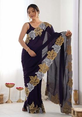 Purple Border Work Chiffon Saree Set