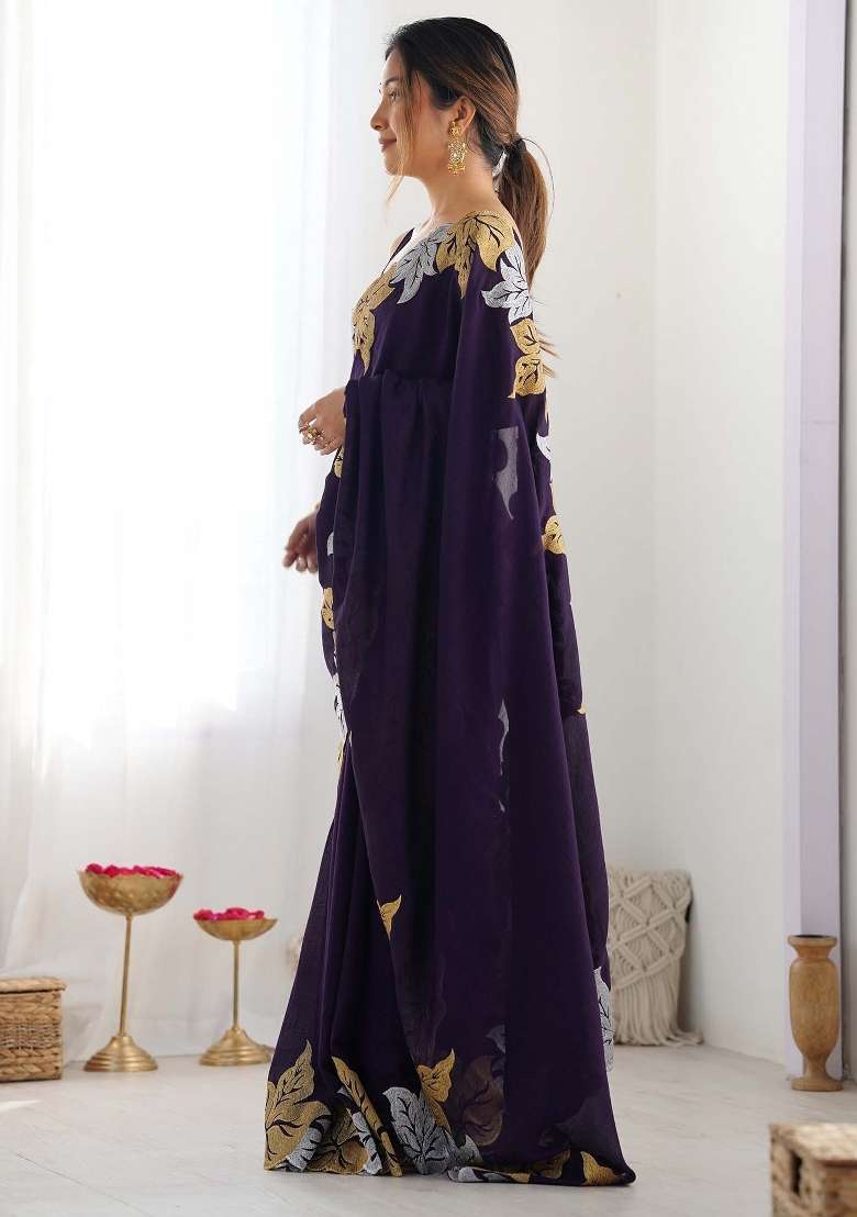 Purple Border Work Chiffon Saree Set for Diwali and Festive Wear - Indya