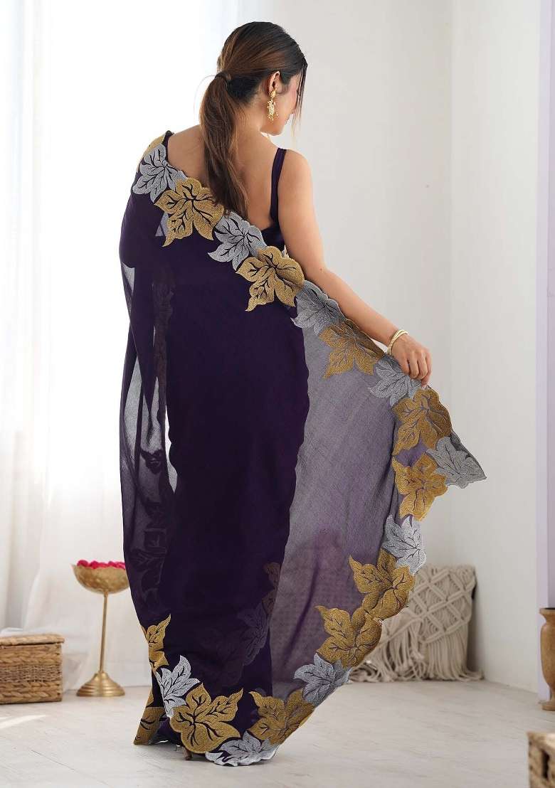 Purple Border Work Chiffon Saree Set for Diwali and Festive Wear - Indya