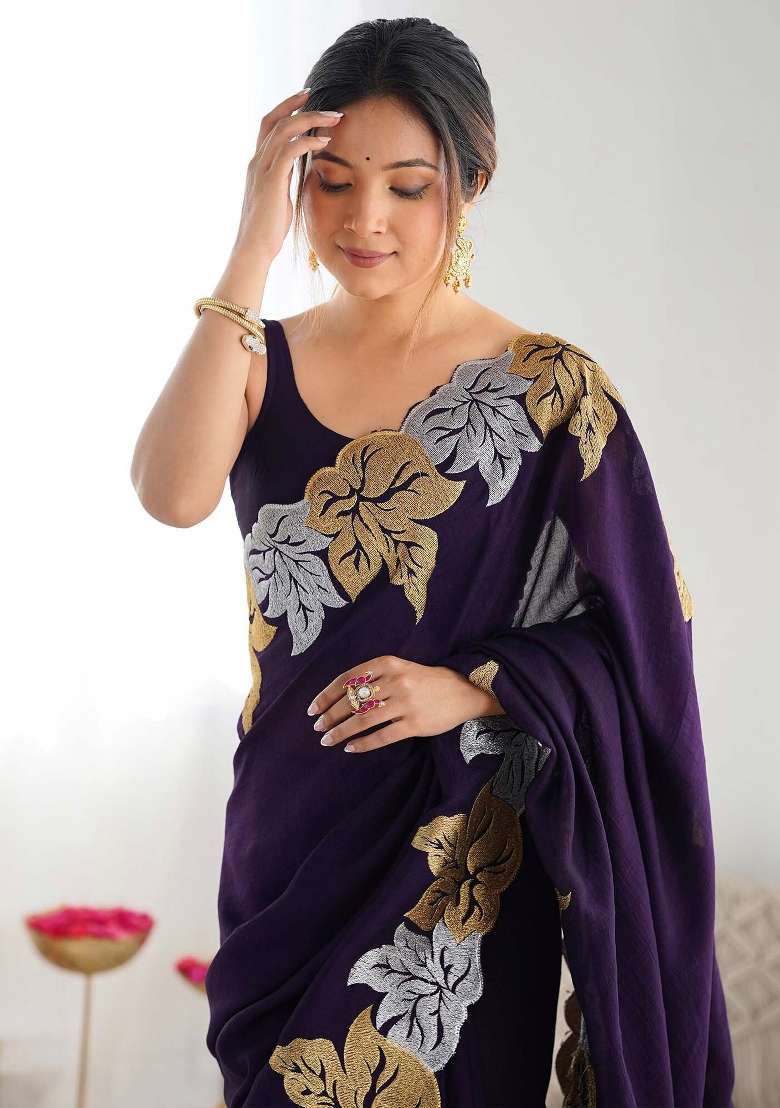 Purple Border Work Chiffon Saree Set for Diwali and Festive Wear - Indya