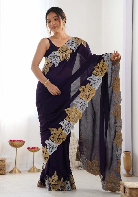 Purple Border Work Chiffon Saree Set