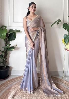 Grey Zari Work Silk Saree Set