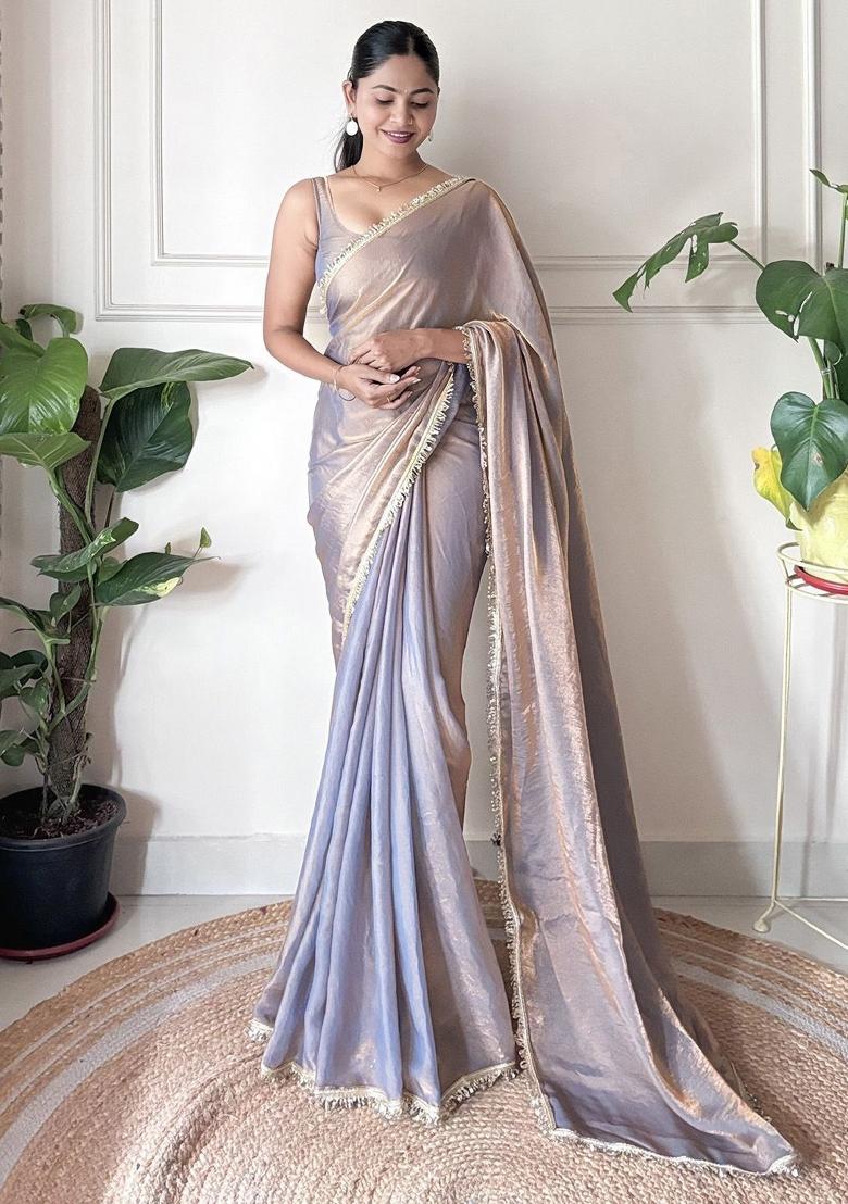 Grey Zari Work Silk Saree Set - Indya