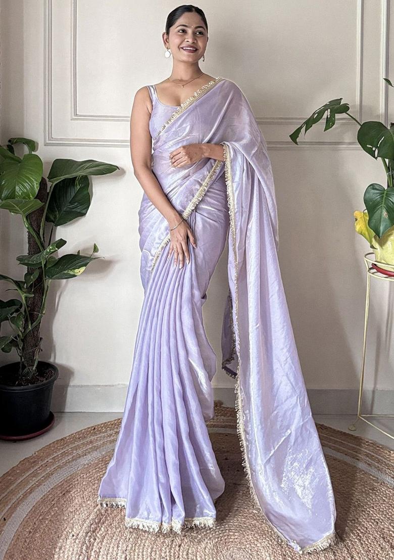 Lavender Zari Work Silk Saree Set - Indya