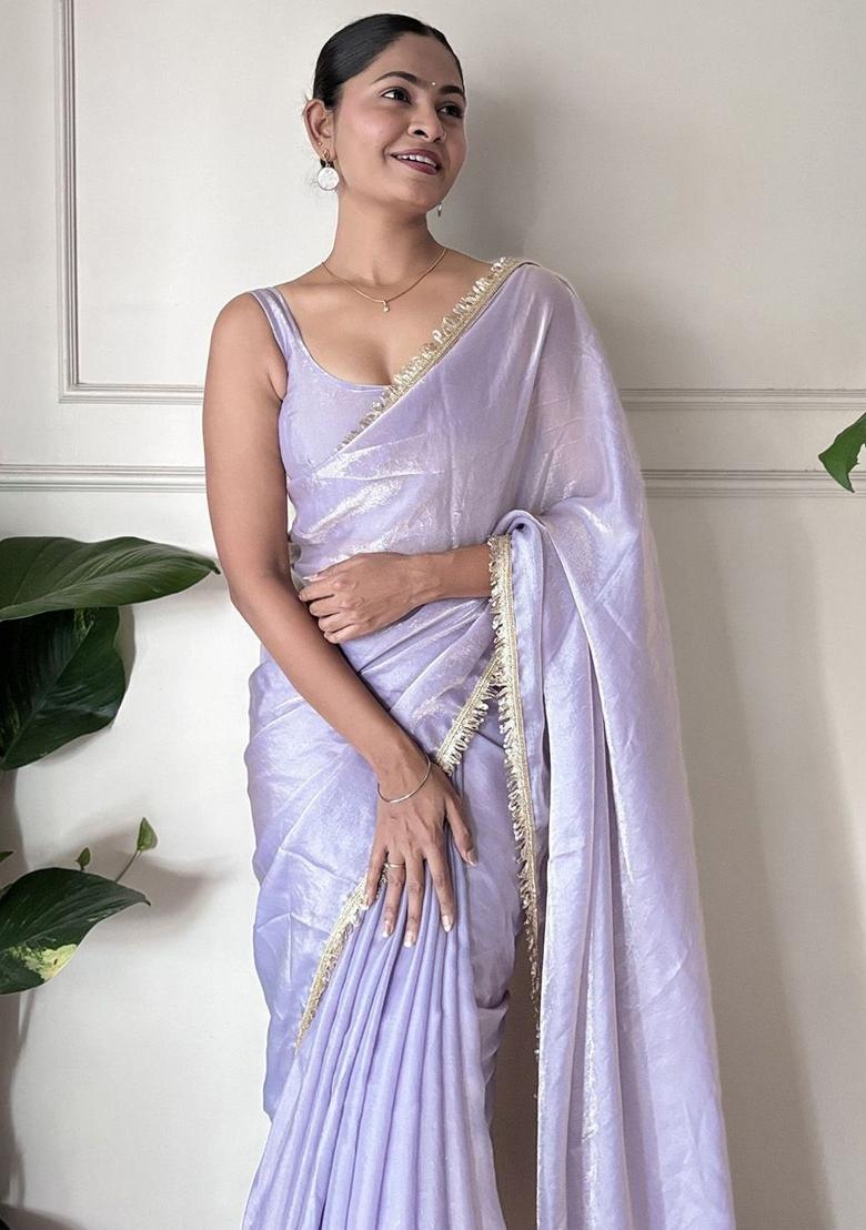 Lavender Zari Work Silk Saree Set - Indya